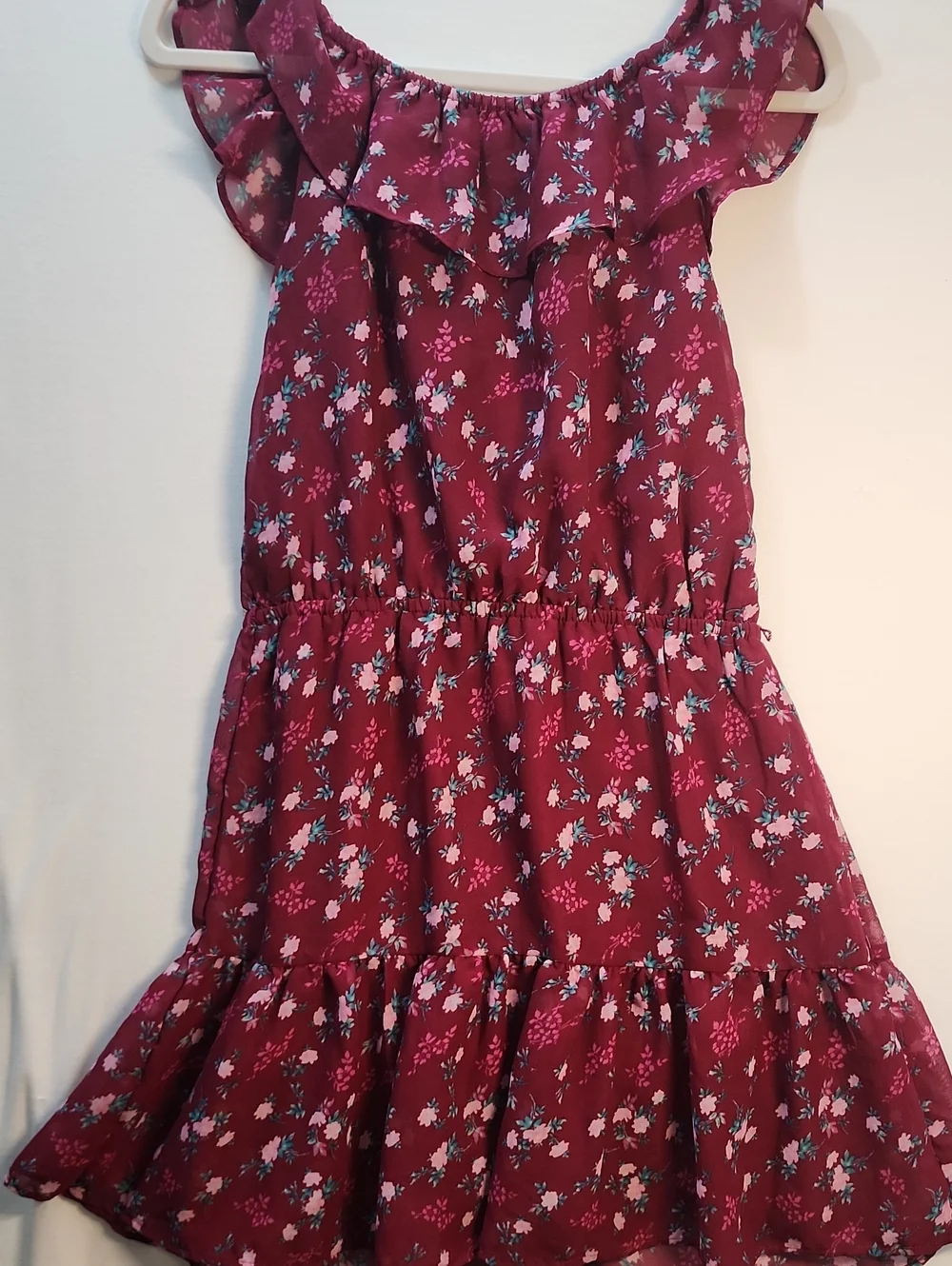 The Children's Place Girls Maroon Floral Chiffon Tiered Dress XL 14